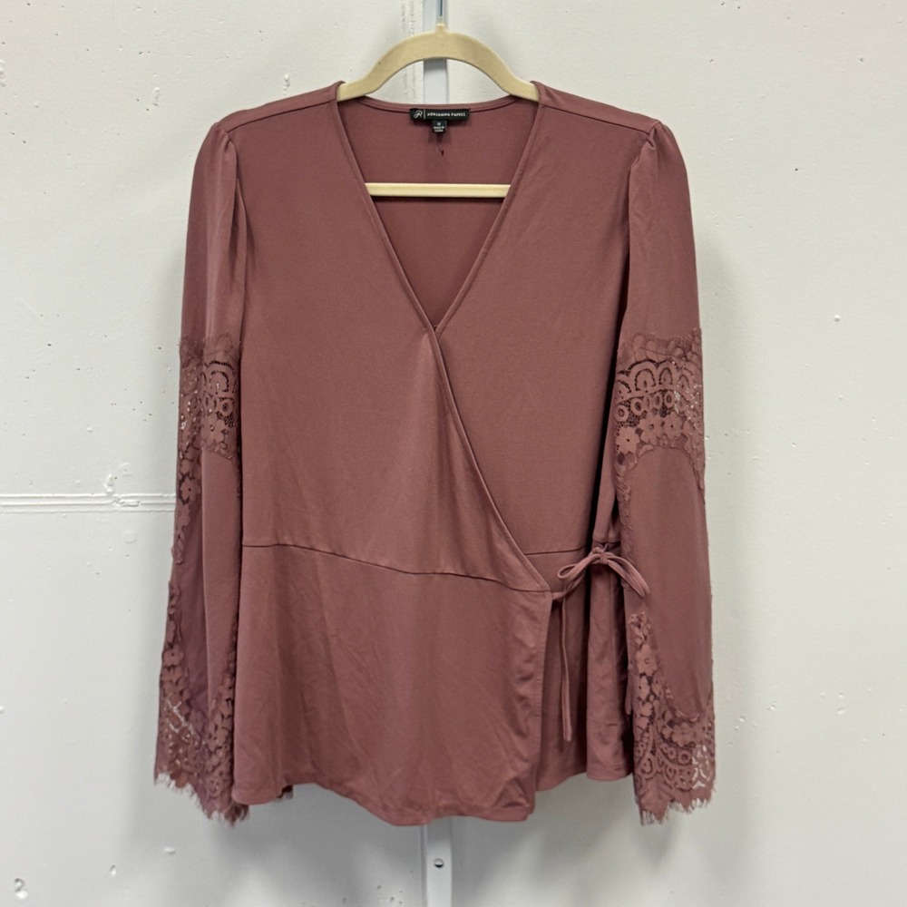 Adrianna Papell Mauve Lace Bell Sleeve Faux Wrap Blouse Dusty Rose V-Neck Top